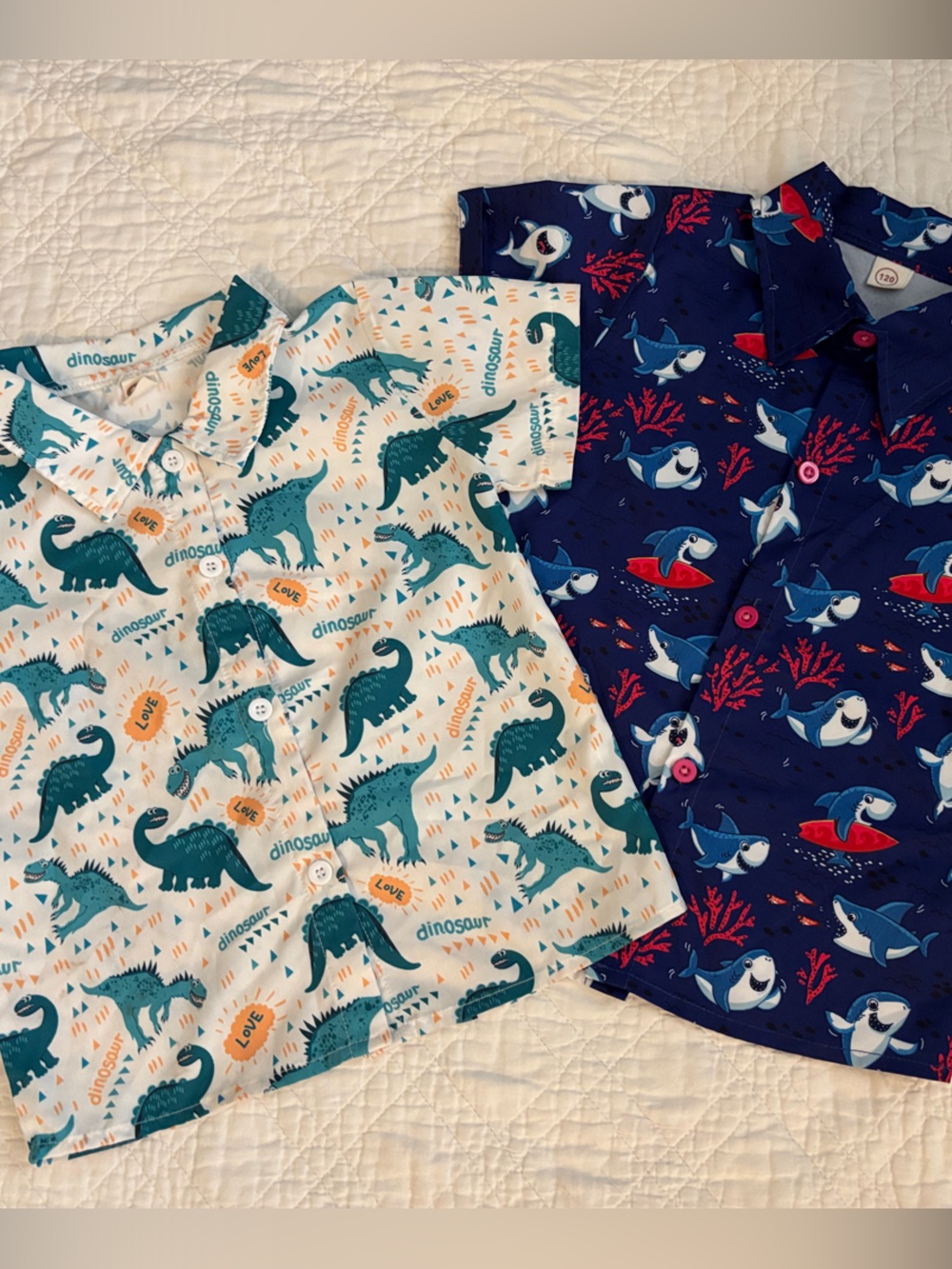 Kids Dino & Shark Print Short Sleeve Button Shirt Set - white with greens & Navy